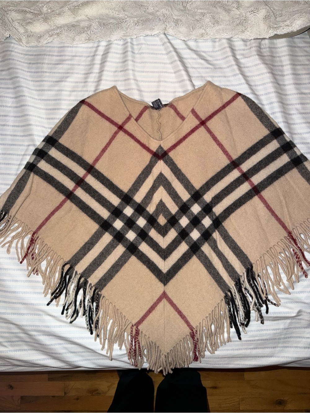 Burberry Beige Plaid Fringed Poncho